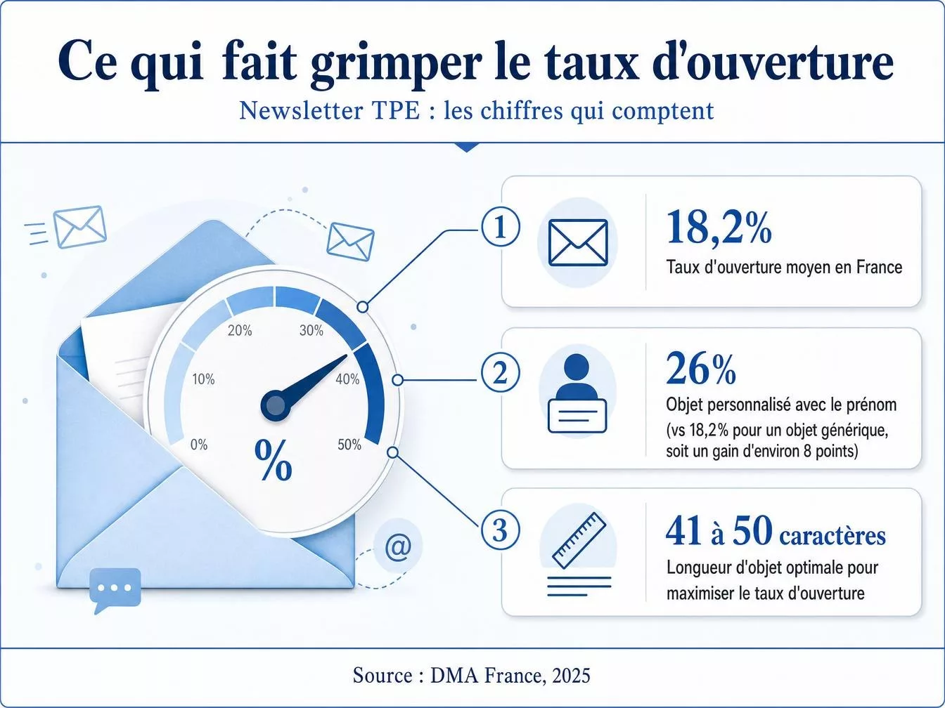 Statistiques taux d'ouverture newsletter TPE : 18,2% en moyenne, 26% avec un objet personnalisé au prénom, objet optimal de 41 à 50 caractères (DMA France, 2025)